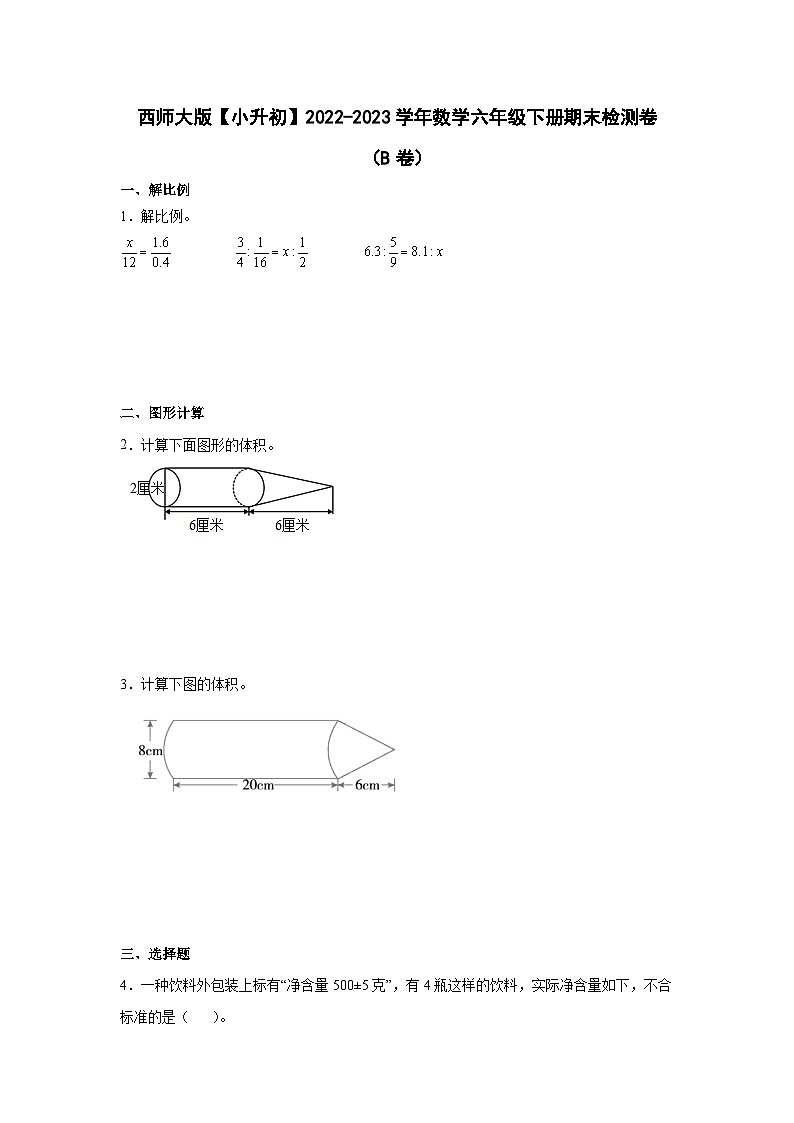 西师大版【小升初】2022-2023学年数学六年级下册期末检测卷（B卷）含解析01