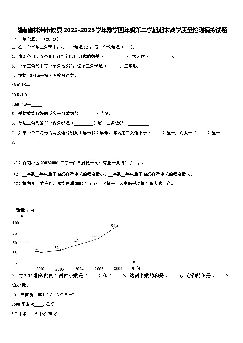 湖南省株洲市攸县2022-2023学年数学四年级第二学期期末教学质量检测模拟试题含解析第1页