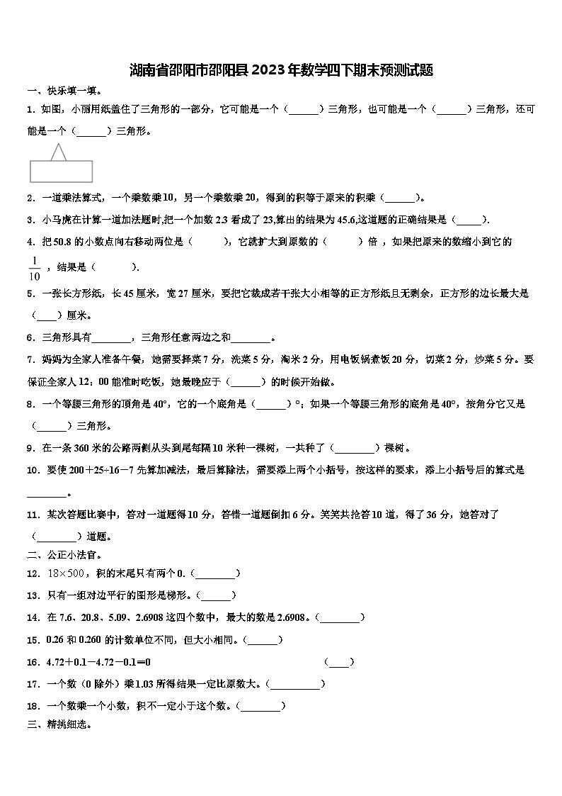 湖南省邵阳市邵阳县2023年数学四下期末预测试题含解析01