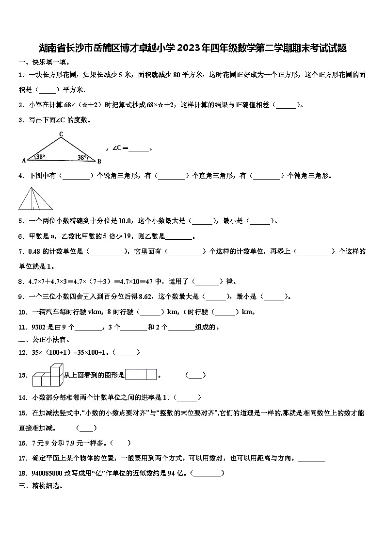 湖南省长沙市岳麓区博才卓越小学2023年四年级数学第二学期期末考试试题含解析第1页