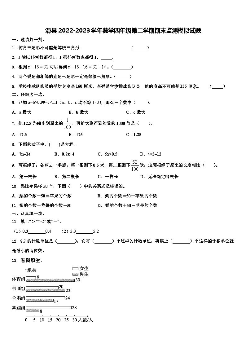滑县2022-2023学年数学四年级第二学期期末监测模拟试题含解析第1页