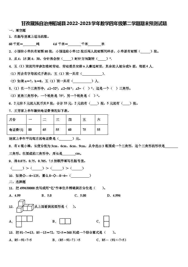 甘孜藏族自治州稻城县2022-2023学年数学四年级第二学期期末预测试题含解析第1页