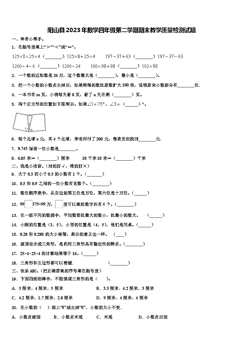 阳山县2023年数学四年级第二学期期末教学质量检测试题含解析第1页