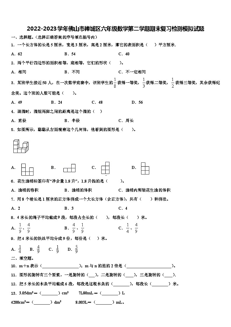 2022-2023学年佛山市禅城区六年级数学第二学期期末复习检测模拟试题含解析第1页