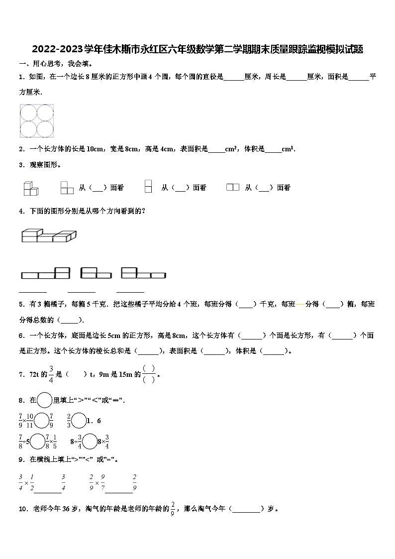 2022-2023学年佳木斯市永红区六年级数学第二学期期末质量跟踪监视模拟试题含解析第1页