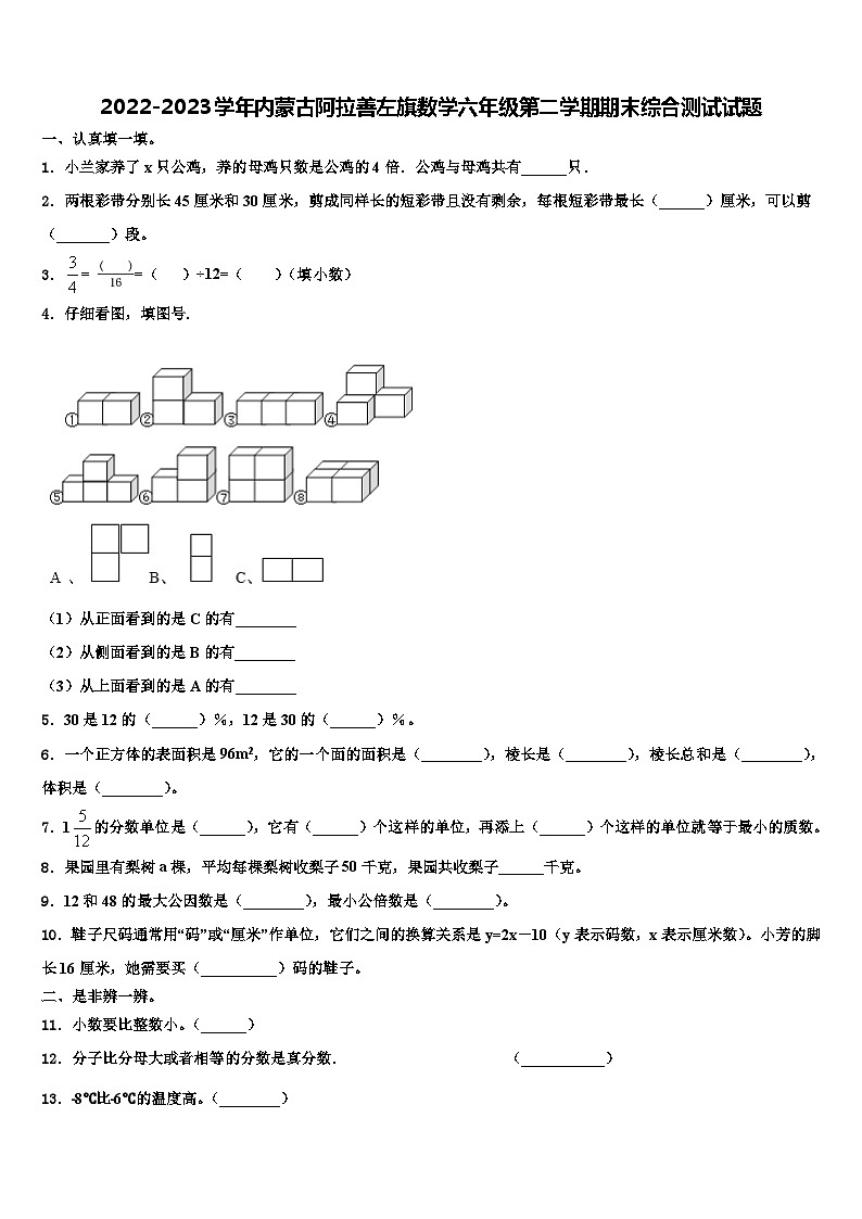 2022-2023学年内蒙古阿拉善左旗数学六年级第二学期期末综合测试试题含解析第1页
