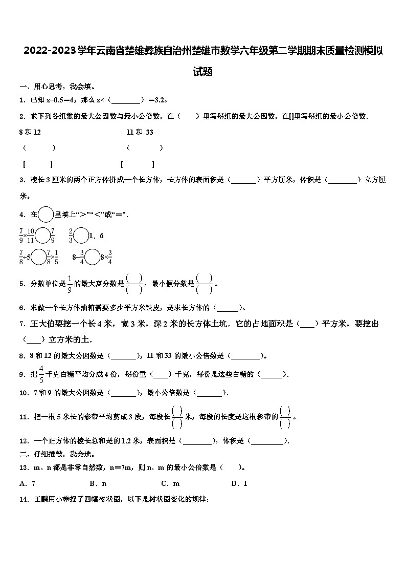 2022-2023学年云南省楚雄彝族自治州楚雄市数学六年级第二学期期末质量检测模拟试题含解析第1页