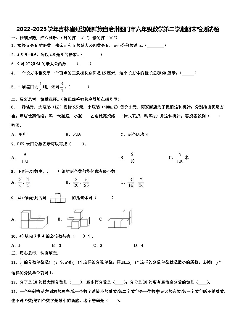 2022-2023学年吉林省延边朝鲜族自治州图们市六年级数学第二学期期末检测试题含解析第1页
