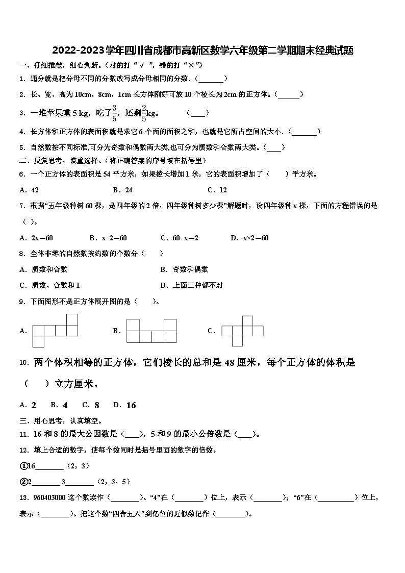 2022-2023学年四川省成都市高新区数学六年级第二学期期末经典试题含解析第1页