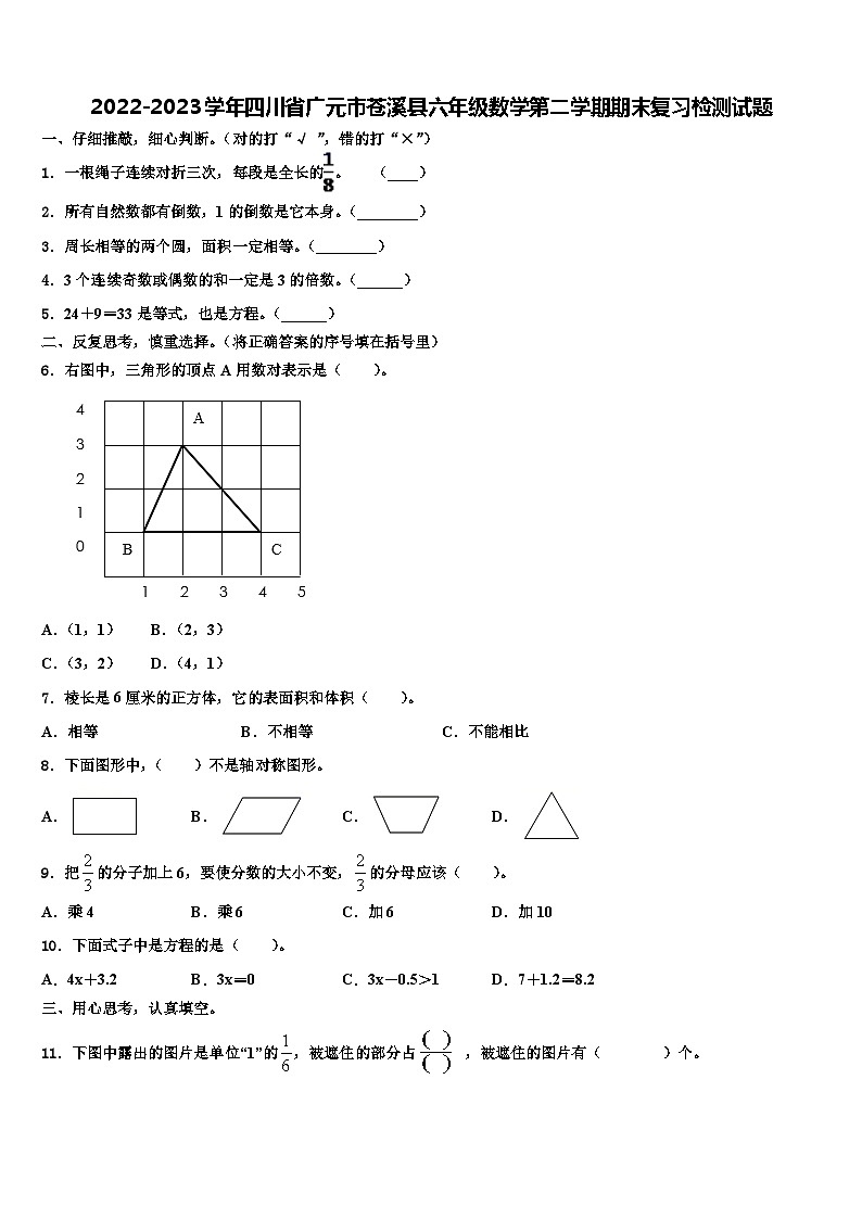 2022-2023学年四川省广元市苍溪县六年级数学第二学期期末复习检测试题含解析01