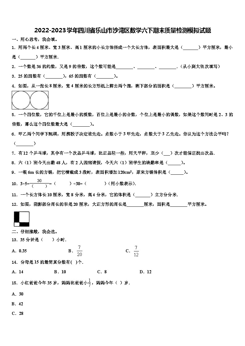 2022-2023学年四川省乐山市沙湾区数学六下期末质量检测模拟试题含解析第1页
