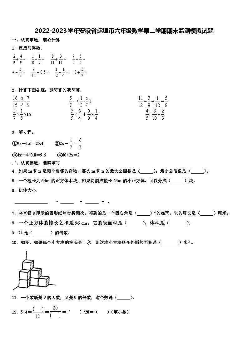 2022-2023学年安徽省蚌埠市六年级数学第二学期期末监测模拟试题含解析第1页