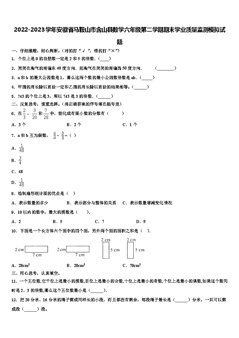 2022-2023学年安徽省马鞍山市含山县数学六年级第二学期期末学业质量监测模拟试题含解析01