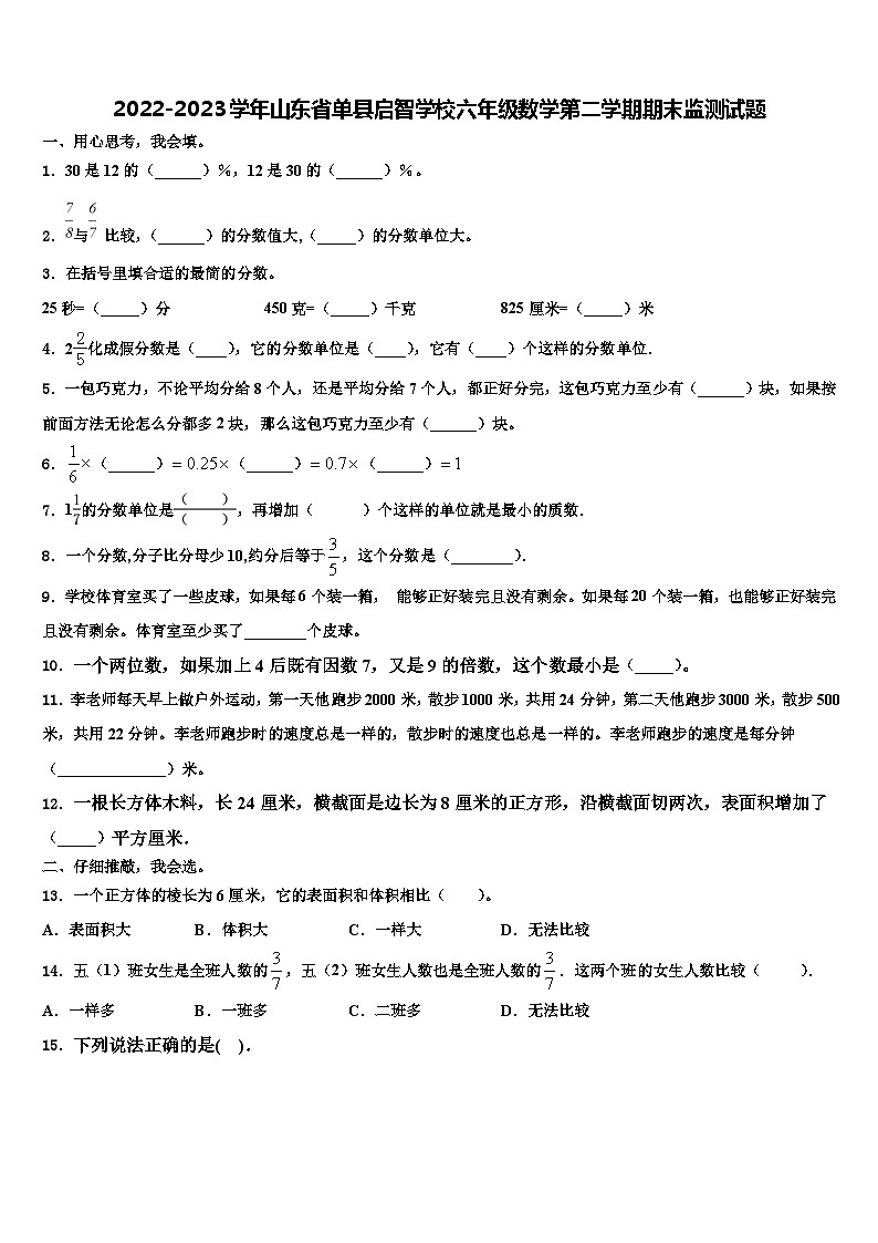 2022-2023学年山东省单县启智学校六年级数学第二学期期末监测试题含解析01