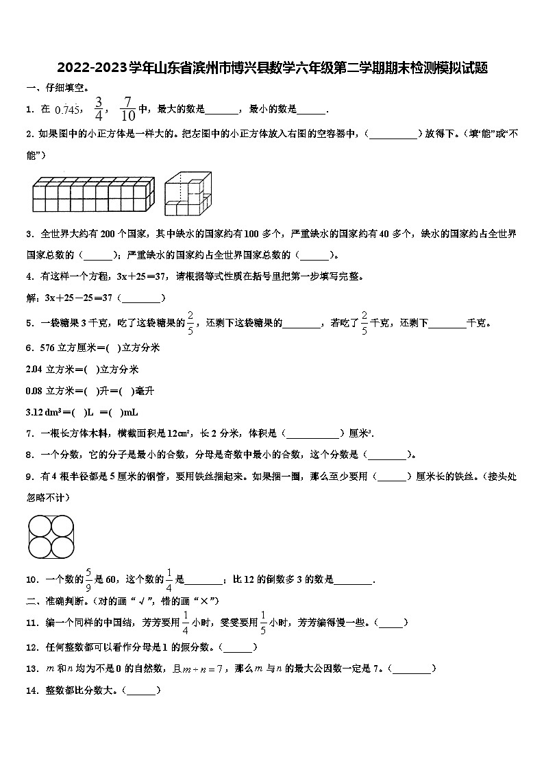 2022-2023学年山东省滨州市博兴县数学六年级第二学期期末检测模拟试题含解析第1页