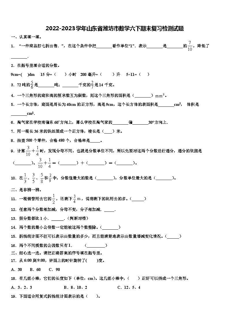 2022-2023学年山东省潍坊市数学六下期末复习检测试题含解析01