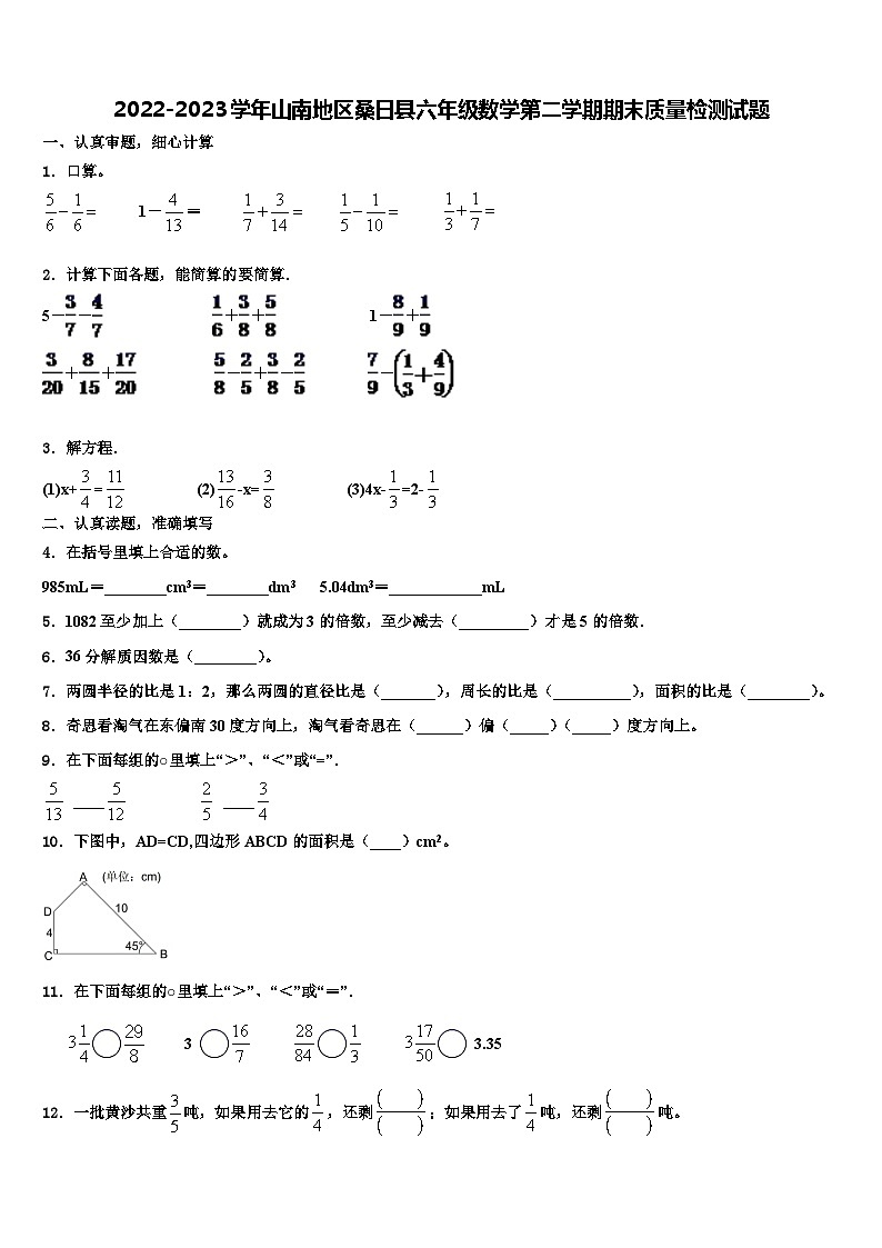 2022-2023学年山南地区桑日县六年级数学第二学期期末质量检测试题含解析01