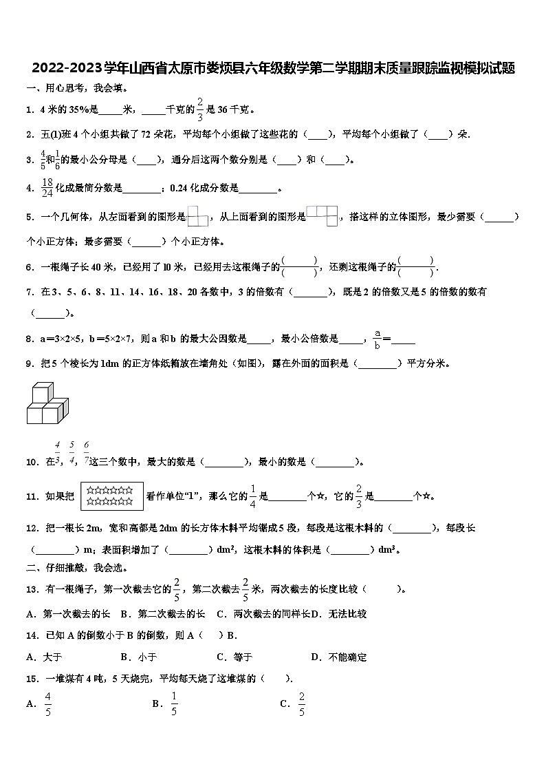 2022-2023学年山西省太原市娄烦县六年级数学第二学期期末质量跟踪监视模拟试题含解析01