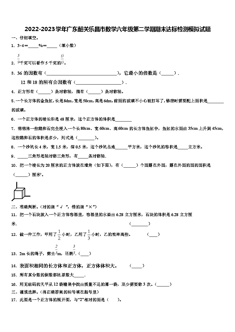 2022-2023学年广东韶关乐昌市数学六年级第二学期期末达标检测模拟试题含解析01