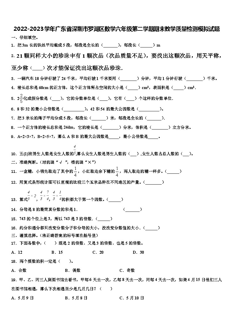 2022-2023学年广东省深圳市罗湖区数学六年级第二学期期末教学质量检测模拟试题含解析01