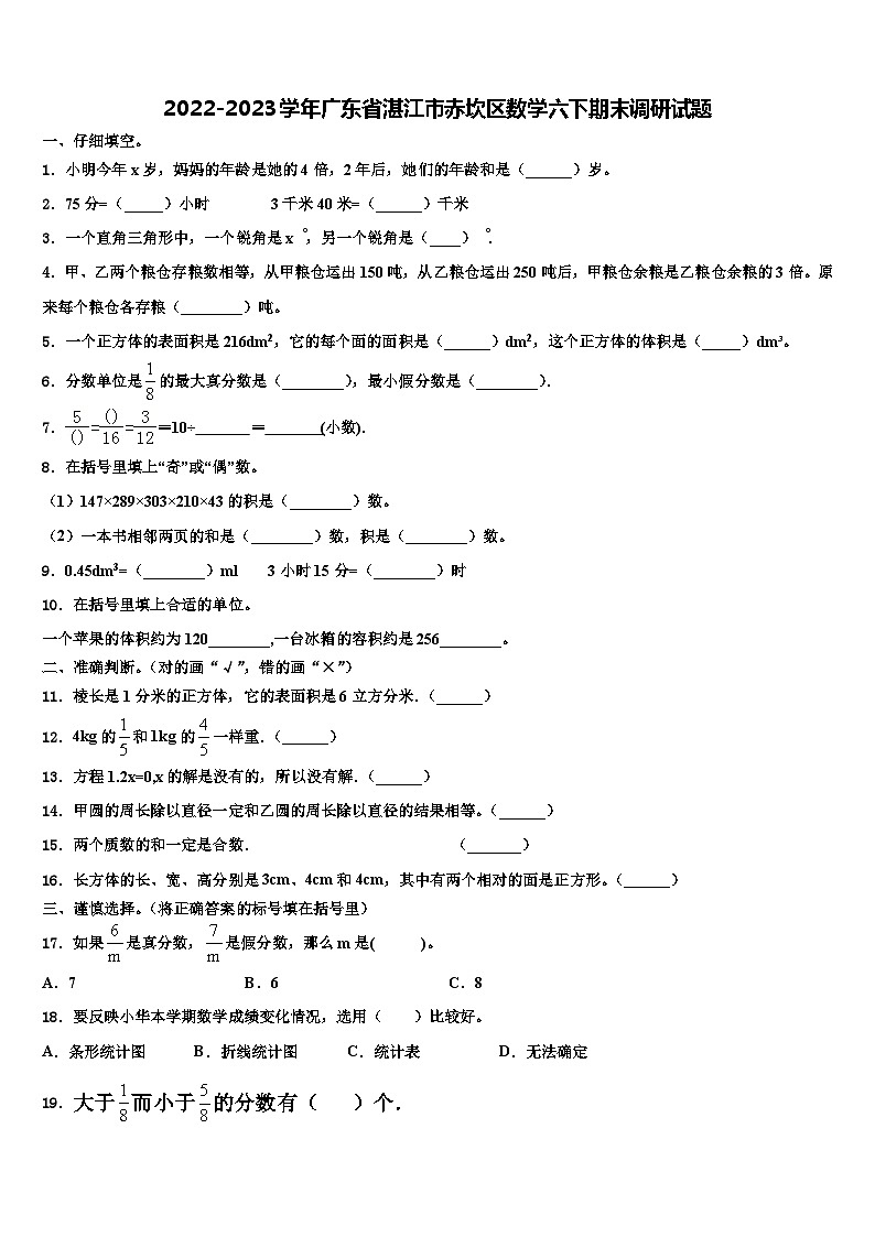 2022-2023学年广东省湛江市赤坎区数学六下期末调研试题含解析01