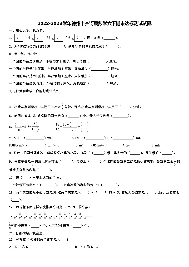 2022-2023学年德州市齐河县数学六下期末达标测试试题含解析第1页