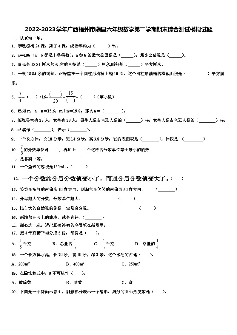 2022-2023学年广西梧州市藤县六年级数学第二学期期末综合测试模拟试题含解析第1页