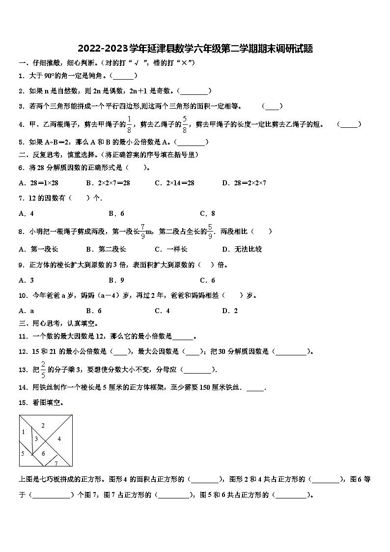 2022-2023学年延津县数学六年级第二学期期末调研试题含解析第1页