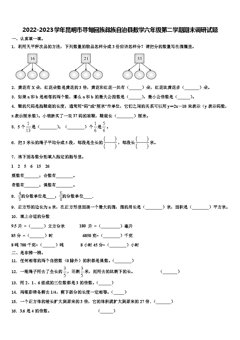 2022-2023学年昆明市寻甸回族彝族自治县数学六年级第二学期期末调研试题含解析01