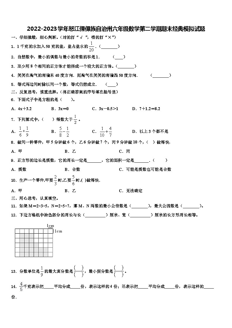 2022-2023学年怒江傈僳族自治州六年级数学第二学期期末经典模拟试题含解析第1页