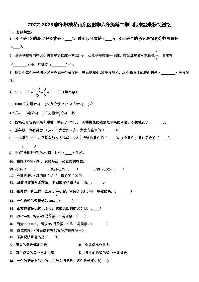 2022-2023学年攀枝花市东区数学六年级第二学期期末经典模拟试题含解析第1页