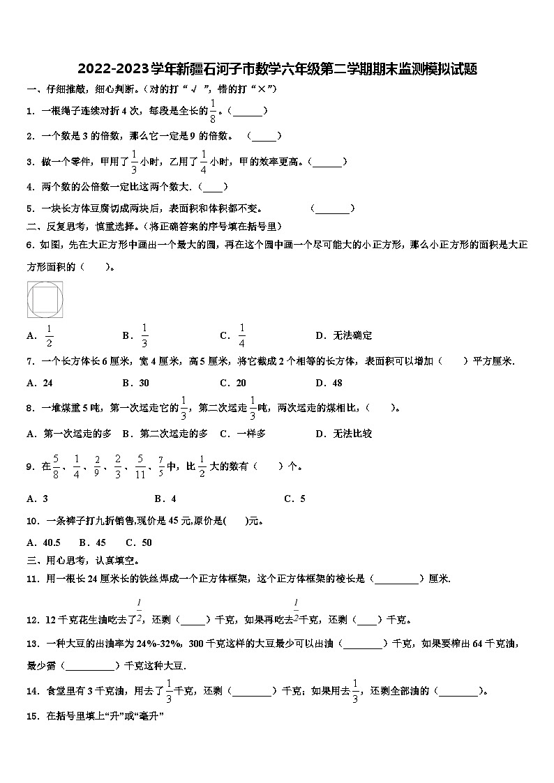 2022-2023学年新疆石河子市数学六年级第二学期期末监测模拟试题含解析01