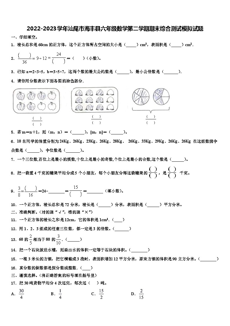 2022-2023学年汕尾市海丰县六年级数学第二学期期末综合测试模拟试题含解析01
