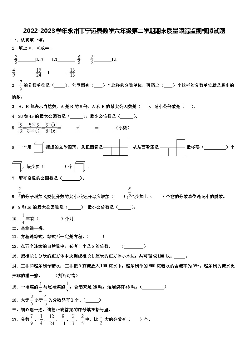 2022-2023学年永州市宁远县数学六年级第二学期期末质量跟踪监视模拟试题含解析01