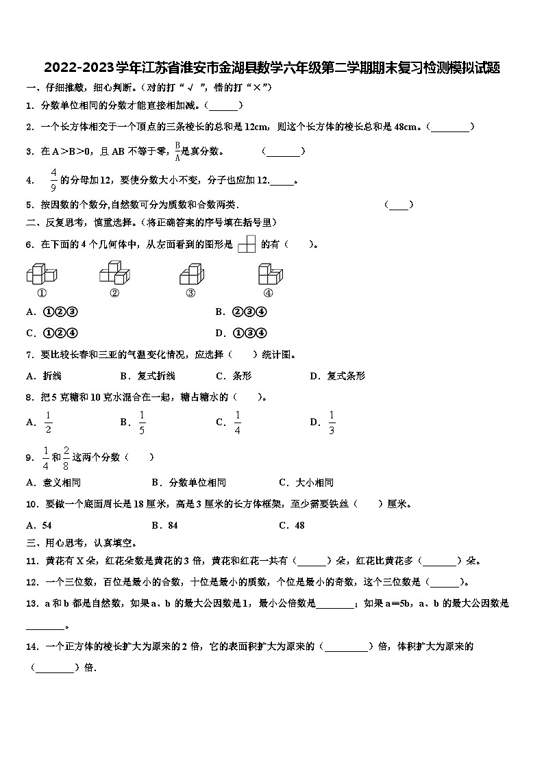 2022-2023学年江苏省淮安市金湖县数学六年级第二学期期末复习检测模拟试题含解析01