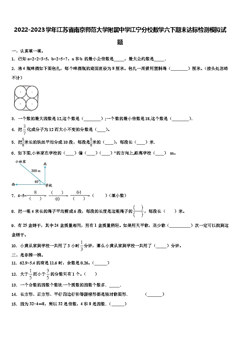 2022-2023学年江苏省南京师范大学附属中学江宁分校数学六下期末达标检测模拟试题含解析第1页