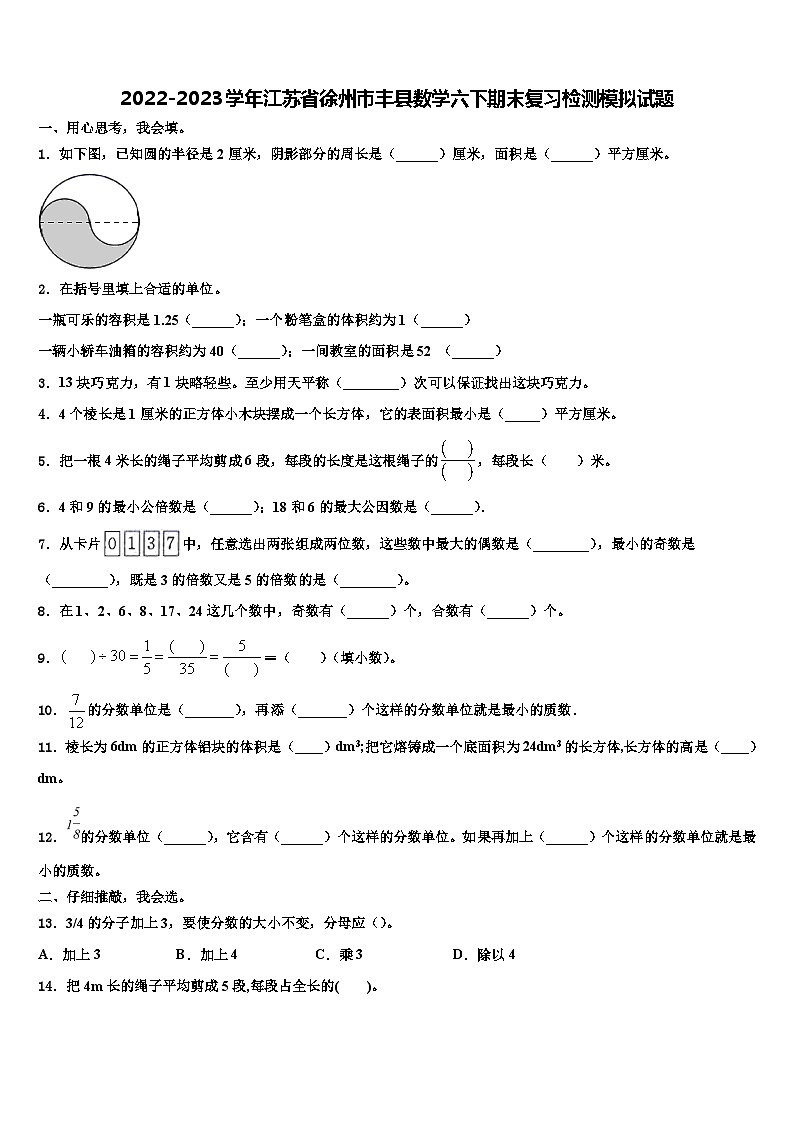 2022-2023学年江苏省徐州市丰县数学六下期末复习检测模拟试题含解析01