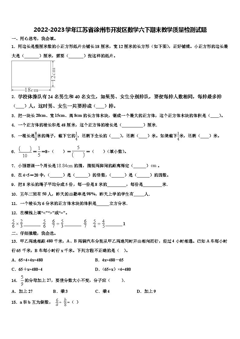 2022-2023学年江苏省徐州市开发区数学六下期末教学质量检测试题含解析第1页