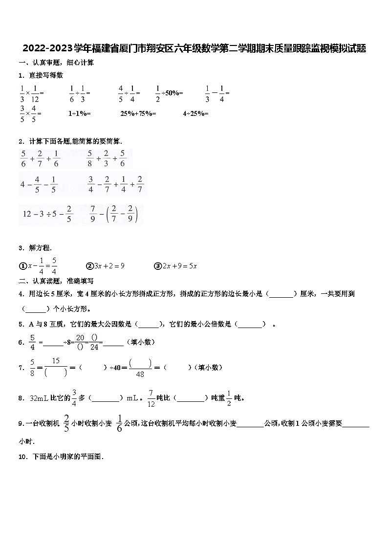 2022-2023学年福建省厦门市翔安区六年级数学第二学期期末质量跟踪监视模拟试题含解析01