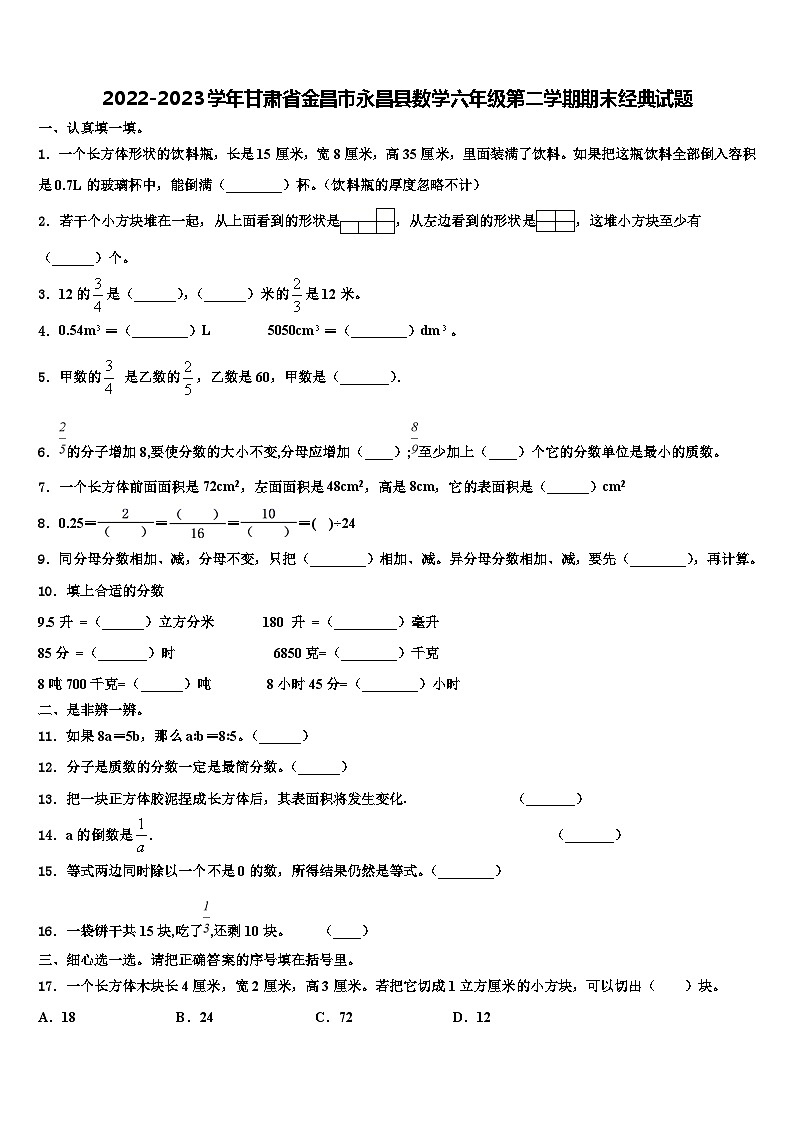 2022-2023学年甘肃省金昌市永昌县数学六年级第二学期期末经典试题含解析01