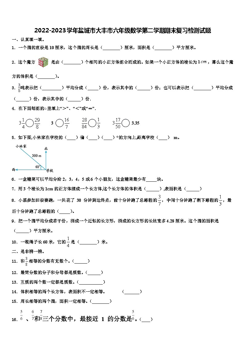 2022-2023学年盐城市大丰市六年级数学第二学期期末复习检测试题含解析01