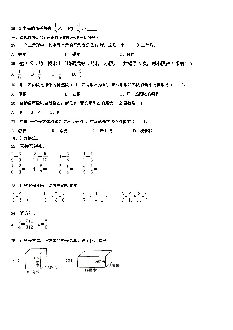 2022-2023学年福建省泉州市石狮市数学六下期末统考模拟试题含解析02