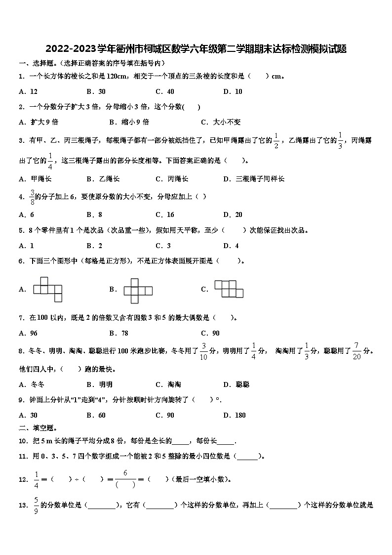 2022-2023学年衢州市柯城区数学六年级第二学期期末达标检测模拟试题含解析01