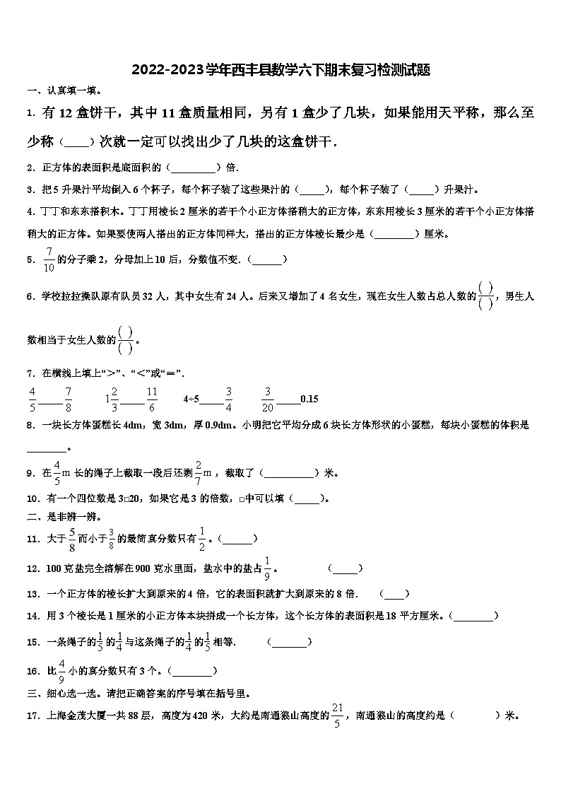 2022-2023学年西丰县数学六下期末复习检测试题含解析01