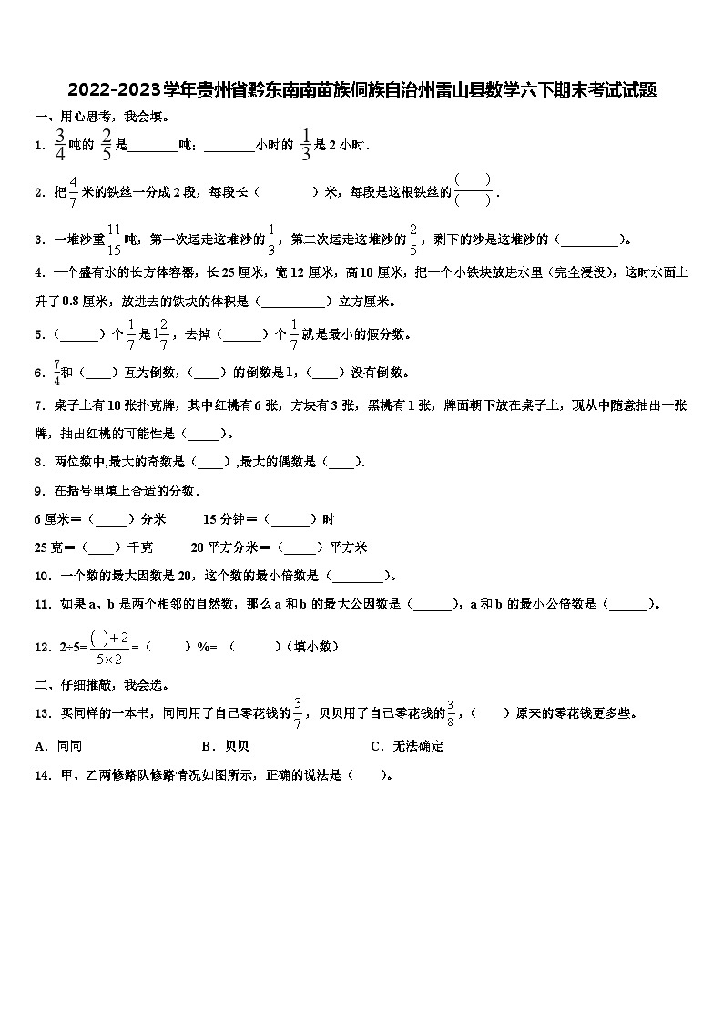 2022-2023学年贵州省黔东南南苗族侗族自治州雷山县数学六下期末考试试题含解析01