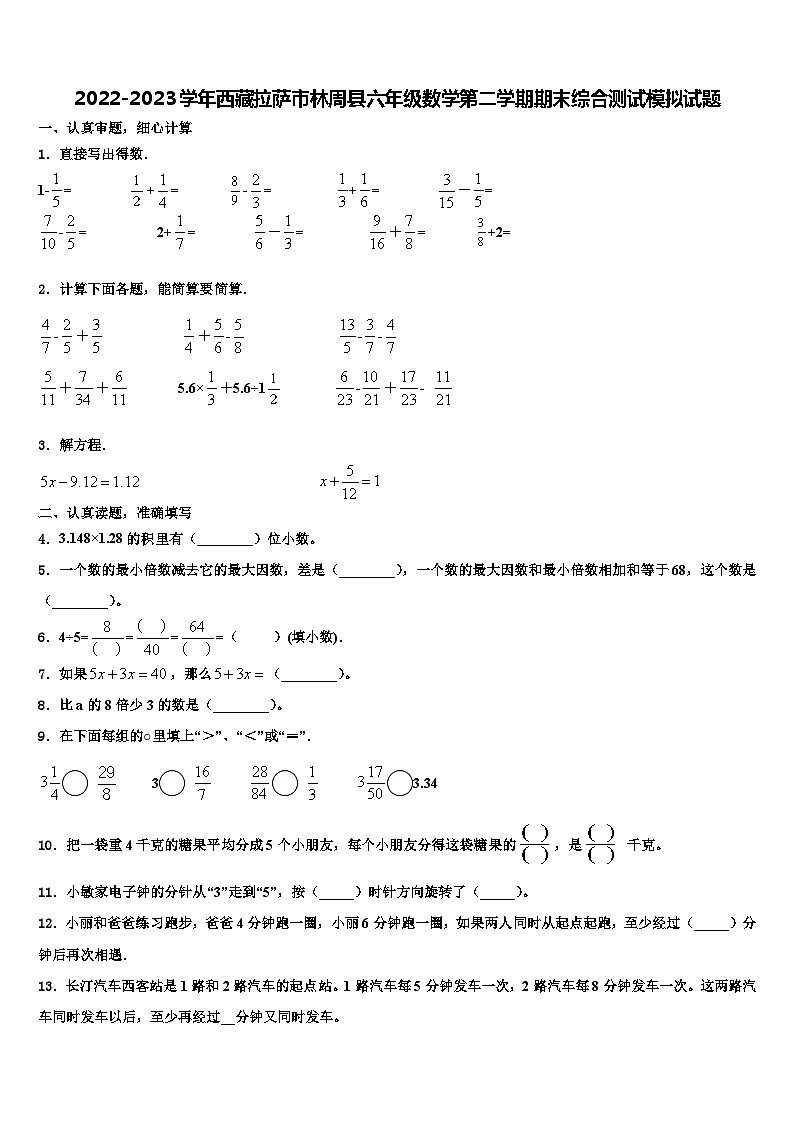 2022-2023学年西藏拉萨市林周县六年级数学第二学期期末综合测试模拟试题含解析第1页