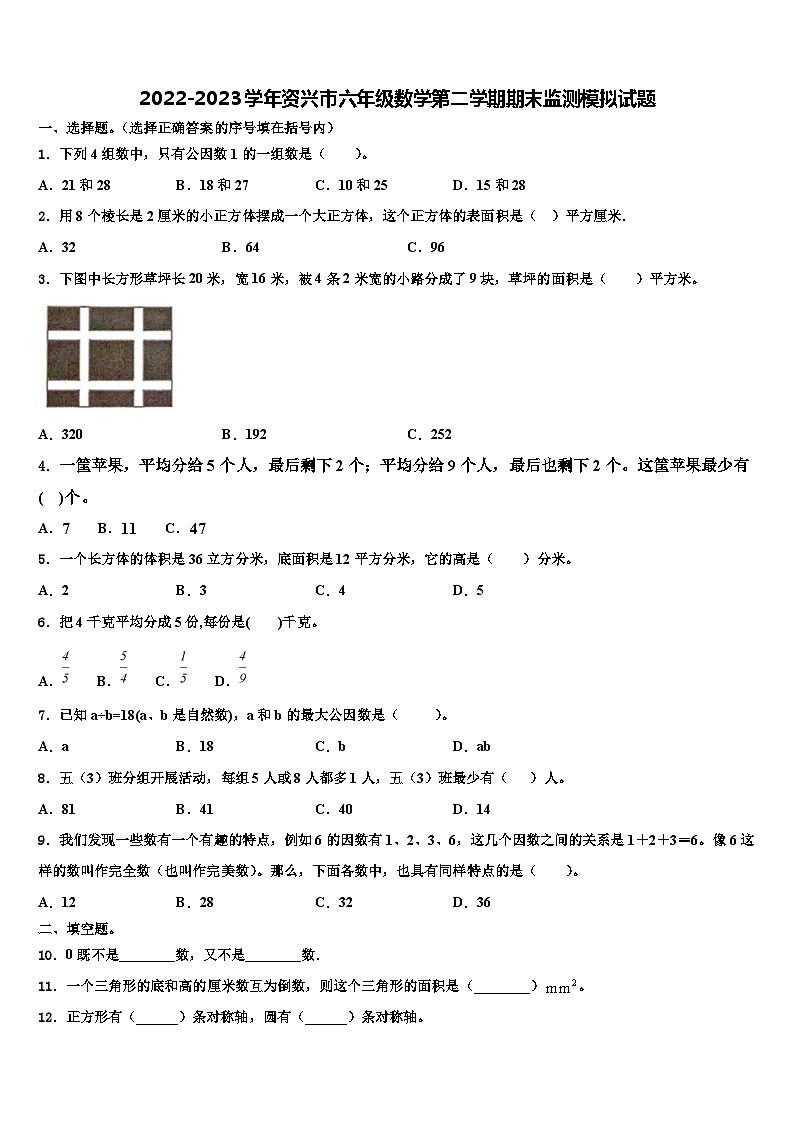 2022-2023学年资兴市六年级数学第二学期期末监测模拟试题含解析01