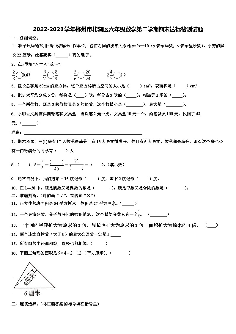 2022-2023学年郴州市北湖区六年级数学第二学期期末达标检测试题含解析第1页
