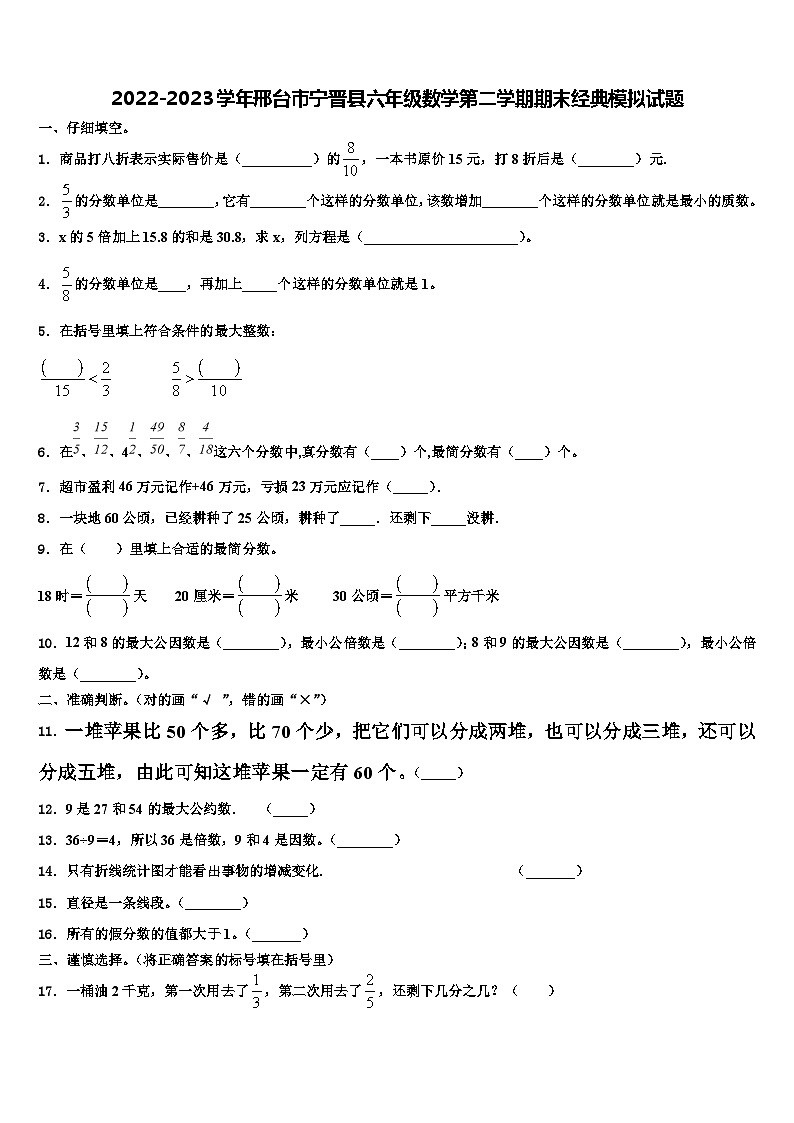2022-2023学年邢台市宁晋县六年级数学第二学期期末经典模拟试题含解析01