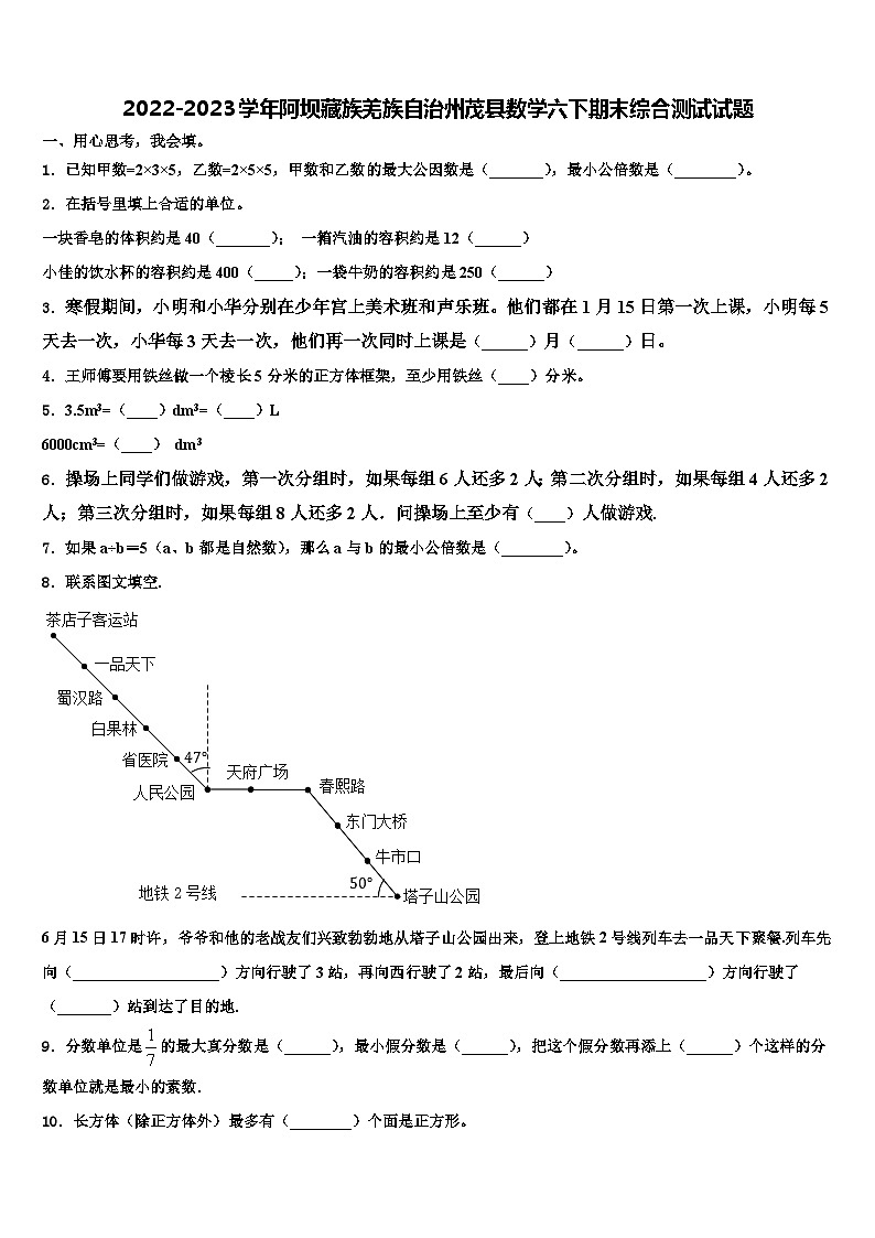 2022-2023学年阿坝藏族羌族自治州茂县数学六下期末综合测试试题含解析01